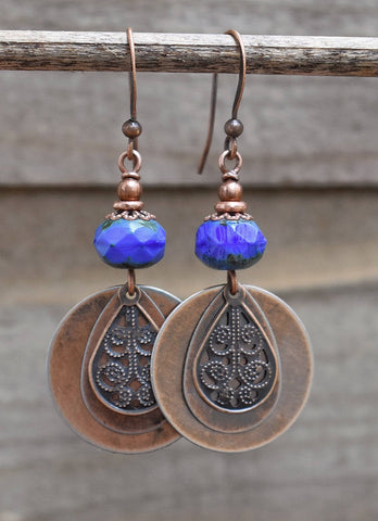 Boho Earrings, Boho Dangle Earrings, Copper Earrings Dangle, Boho Jewelry, Blue Drop Earrings, Blue Jewelry, Gift for Her