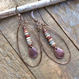 African Opal Jasper Earrings, Natural Stone Hoop Earrings, Neutral Earthy Jewelry, Hammered Copper Hoop Earrings, 7th Anniversary Jewelry