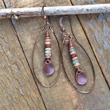African Opal Jasper Earrings, Natural Stone Hoop Earrings, Neutral Earthy Jewelry, Hammered Copper Hoop Earrings, 7th Anniversary Jewelry