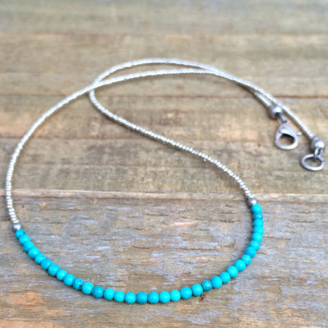 Tiny Turquoise Necklace, Turquoise Silver Layering Necklace, Minimalist Silver Necklace, Tiny Beaded Necklace, Silver Bead Jewelry