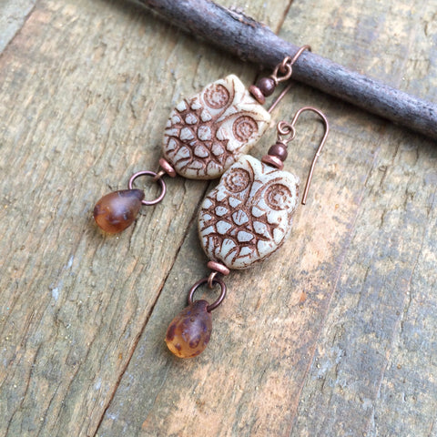 Boho Owl Earrings, Earthy Beige Copper Earrings, Bird Lovers Gift, Owl Copper Jewelry, Owl Jewelry, Copper Dangle Earrings, Nature Gift