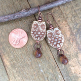 Boho Owl Earrings, Earthy Beige Copper Earrings, Bird Lovers Gift, Owl Copper Jewelry, Owl Jewelry, Copper Dangle Earrings, Nature Gift