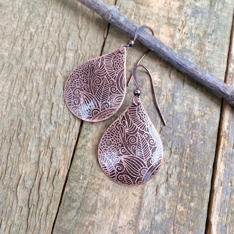 Etched Copper Teardrop Earrings, 7th Anniversary Gift, Unique Gift for Women, Copper Dangle Earrings, Acid Etched Copper Jewelry