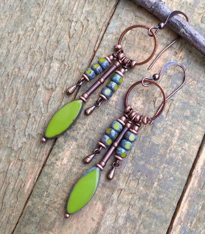 Green Czech Glass and Copper Earrings, Copper and Glass Chandelier Drop Earrings