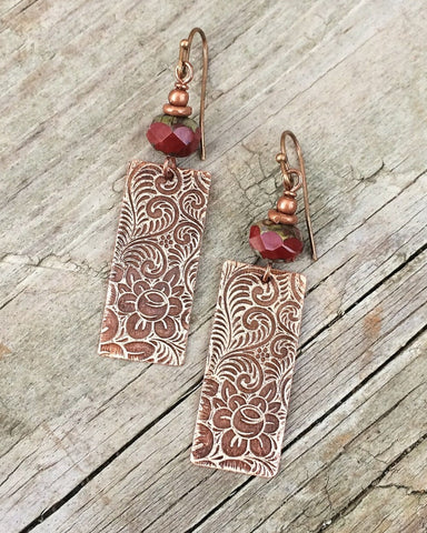Etched Copper Earrings, Copper Jewelry Earrings, Floral Jewelry Earrings, Nature Jewelry, Copper Dangle Earrings