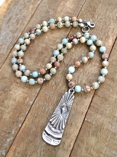Long Stone Necklace, Stone Bohemian Jewelry, Silver Boho Necklace