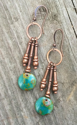 Copper green dangle drop earrings, boho jewelry