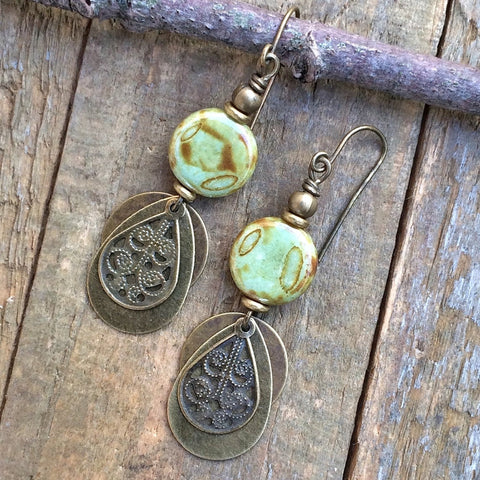 Earthy Green and Brass Dangle Earring