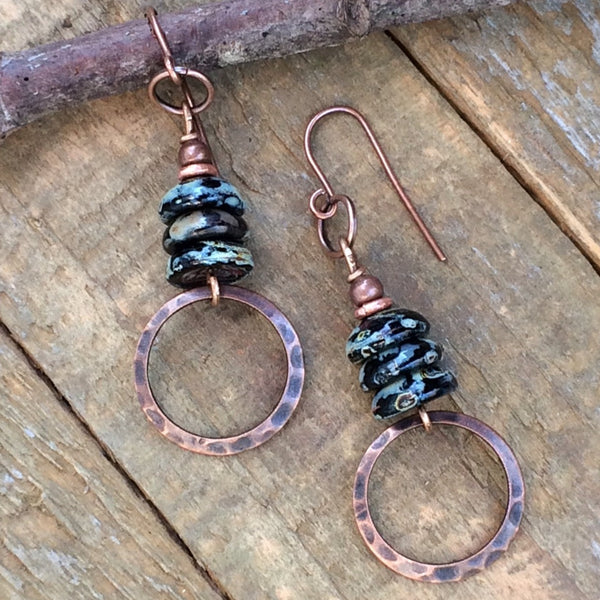 Black Czech Glass and Copper Earring