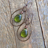 Green Czech Glass Teardrop Hoop Earrings