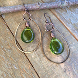 Green Czech Glass Teardrop Hoop Earrings
