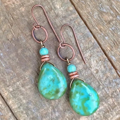 Green Czech Glass and Turquoise Teardrop Earring