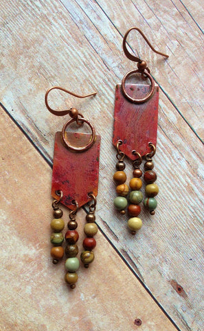 Geometric Copper Earrings with Colorful Red Creek Jasper Dangles