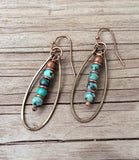 Stacked African Turquoise and Hammered Oval Copper Hoop Earrings
