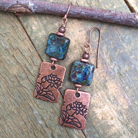 Czech Glass and Copper Lotus Drop Earring