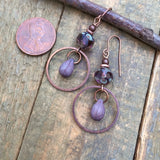 Purple Czech Glass Drop Earrings with Antiqued Copper Accents