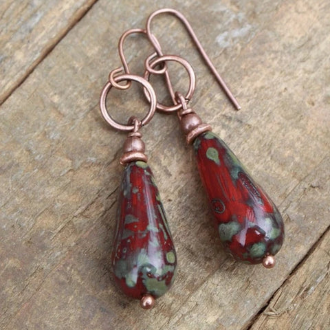 Red Czech Glass Teardrop Dangle Earring
