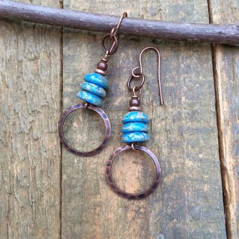 Sky Blue Czech Glass and Hammered Drop Earring