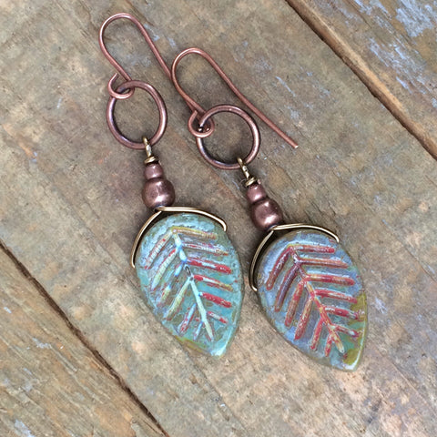 Rustic Czech Glass Leaf Earring
