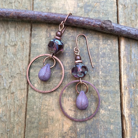 Purple Czech Glass and Copper Earring