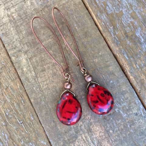 Red Czech Teardrop Earring