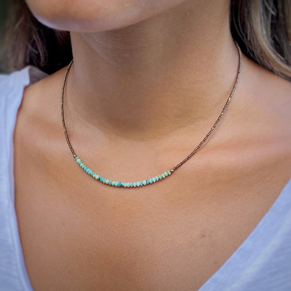 ALOR Grey Cable Choker Necklace with Turquoise Bead