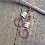 Beige Ivory Czech Glass Earrings with Hammered Copper Dangles