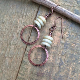 Beige Ivory Czech Glass Earrings with Hammered Copper Dangles