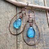 light blue glass teardrop earrings with hammered copper hoop
