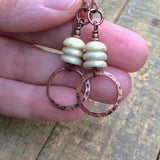 Beige Ivory Czech Glass Earrings with Hammered Copper Dangles