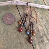 Colorful Red Creek Jasper Dangle Chandelier Copper Earrings, Colorful Stone Beaded Jewelry