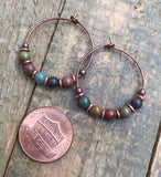 Small, Colorful Jasper Beaded Copper Hoop Earrings