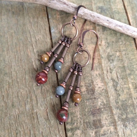 Colorful Red Creek Jasper Dangle Chandelier Copper Earrings, Colorful Stone Beaded Jewelry