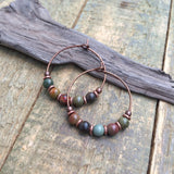 Small, Colorful Jasper Beaded Copper Hoop Earrings
