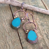 Boho Turquoise Czech Glass Teardrop Earrings, Antiqued Copper Colorful Dangles