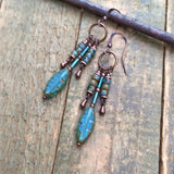 Blue Czech Glass and Copper Chandelier Earrings