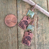 Green Lotus and Copper Dangle Earrings, Czech Glass Lotus Yoga Jewelry