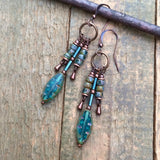 Blue Czech Glass and Copper Chandelier Earrings