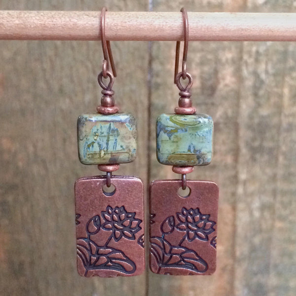 Green Lotus and Copper Dangle Earrings, Czech Glass Lotus Yoga Jewelry