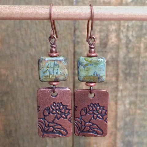 Green Lotus and Copper Dangle Earrings, Czech Glass Lotus Yoga Jewelry