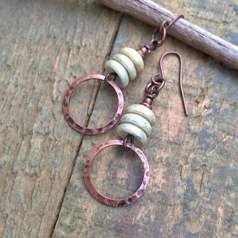Beige Ivory Czech Glass Earrings with Hammered Copper Dangles