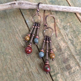 Colorful Red Creek Jasper Dangle Chandelier Copper Earrings, Colorful Stone Beaded Jewelry