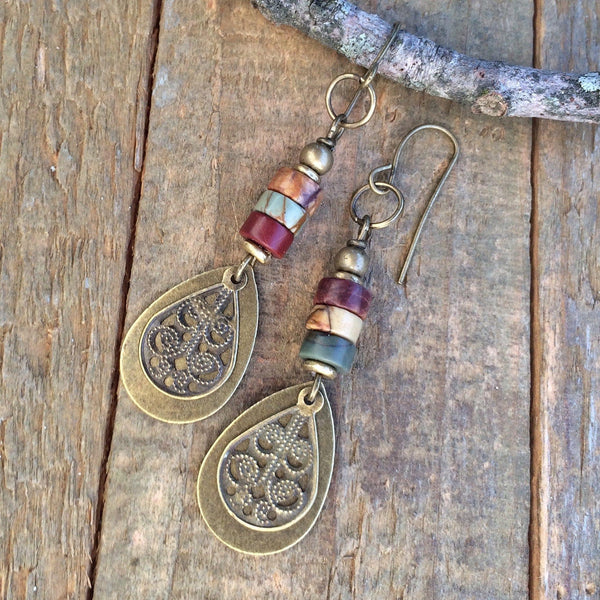 red creek jasper dangle drop earrings. Brass and stone teardrop earrings. Jasper stone jewelry
