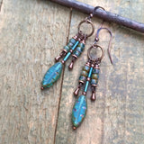 Blue Czech Glass and Copper Chandelier Earrings