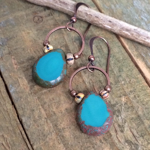 small turquoise blue czech glass dangle teardrop earrings