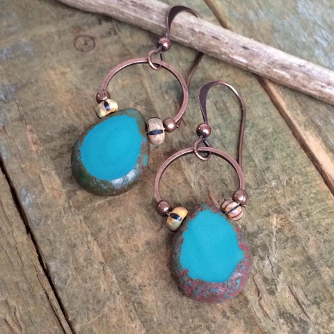 small turquoise blue czech glass dangle teardrop earrings