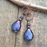 Purple Blue Glass Teardrop Dangle Earrings, Copper and Czech Glass Jewelry,  Drop Earrings