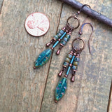 Blue Czech Glass and Copper Chandelier Earrings