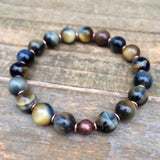 Blue Yellow Tiger's Eye Stone Stretch Beaded Bracelet