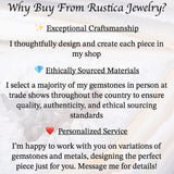 The image is a promotional text for a jewelry store called Rustica Jewelry, highlighting their exceptional craftsmanship, ethically sourced materials, personalized service, and the happiness of working with them.